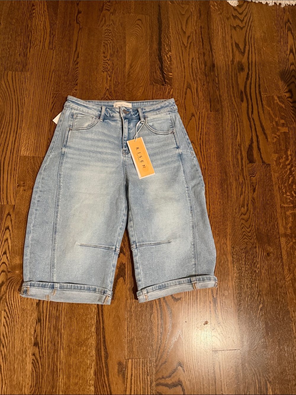 Risen Light Blue Denim Bermuda Shorts with Rolled Hem